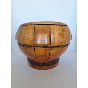 Vintage Chinese Wooden Grain Bowl with Lid – Handcrafted Barrel Rice Bin – 12"